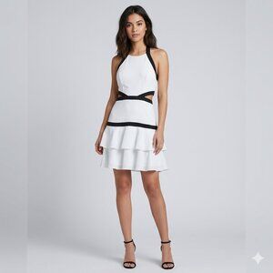 BCBGMAXAZRIA Size 8 White Black Colorblock Cutout Halter Mini Dress NWT